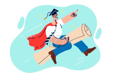 Illustration for Man graduate student flies through sky on graduation, gaining career benefits from university education. Graduate guy points forward with smile after receiving certificate of higher education. - Royalty Free Image