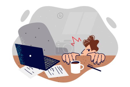 Illustration for Cowardly office employee hides under desk from manager after making mistake or missing deadline. Man office clerk afraid of boss looking out from behind desk with documents and laptop - Royalty Free Image