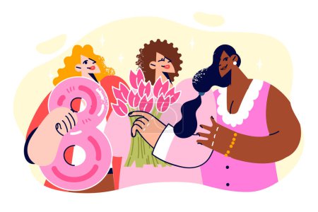 Téléchargez les illustrations : Les femmes multiethniques célèbrent le 8 mars et la journée internationale des femmes en tenant un bouquet de tulipes. Les filles multiraciales félicitent le 8 mars et souhaitent de bonnes vacances et le respect des droits des femmes - en licence libre de droit