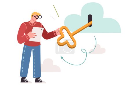 Téléchargez les illustrations : Man uses cloud technologies to store and process data, holds large key in hands for gain access to cloud. Young casual guy stores data on virtual hosting for ensure information security - en licence libre de droit