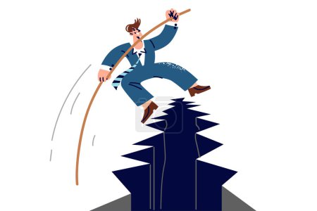 Illustration for Business man manager overcomes obstacle on way, crossing large hole with help of pole. Ambitious guy in formal wear overcomes dangers with confidence and takes risks to achieve success - Royalty Free Image