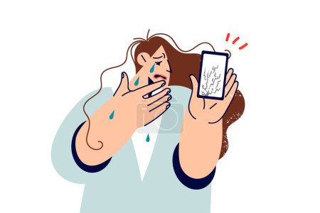 Illustration for Crying woman demonstrates phone with broken display or protective film after gadget fell to ground. Damaged phone needs expensive repairs and replacement of touch screen to restore functionality - Royalty Free Image
