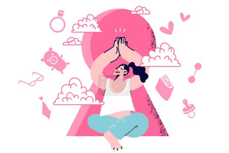 Illustration for Woman meditates achieving balance and harmony between work and family or education, sits near giant keyhole. Thoughtful girl is trying to maintain life balance and avoid overexertion - Royalty Free Image