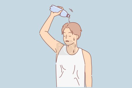 Man suffering from sunstroke pours water from bottle on head to cool down after long run. Guy in t-shirt became victim of sunstroke or feels dehydrated after working out with fitness equipment