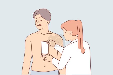 Illustration for Depilation of hair on chest of man, experiencing pain from tearing wax tape, stands next to woman cosmetologist. Depilation causes fear and suffering in guy wants to become handsome - Royalty Free Image