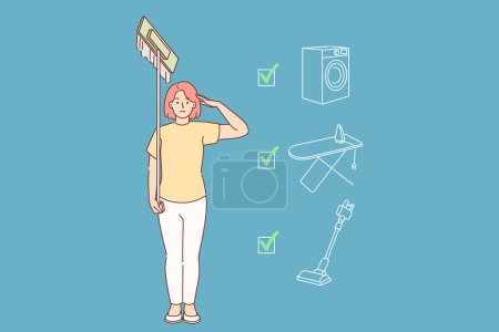 Illustration for Woman housewife completed all housework stands in soldier pose with mop in hands. Checkbox of washing machine and vacuum cleaner or ironing board, for concept task plan for doing housework - Royalty Free Image