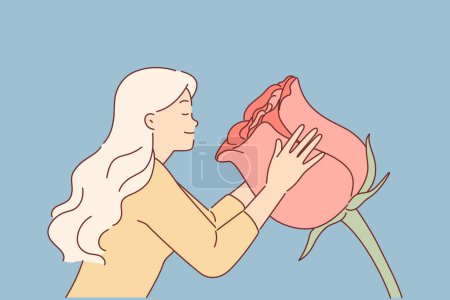 Téléchargez les illustrations : Femme renifle énorme fleur de rose, appréciant l'arôme de la plante à fleurs de printemps utilisé pour créer du parfum. Fille inhale odeur de fleur, voulant avoir shampooing ou lotion corporelle faite à partir de pétales de rose - en licence libre de droit