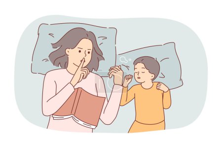 Illustration for Overprotection from mother making gesture of silence, lying in bed with sleeping child, after reading fairy tales. Young girl demonstrates overprotection when raising son, wanting to keep baby slumber - Royalty Free Image