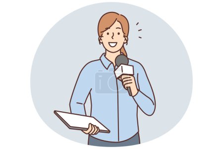 Illustration for Smiling female reporter with microphone and tablet talking in live broadcast. Happy woman journalist with mic speak work in studio. Vector illustration. - Royalty Free Image