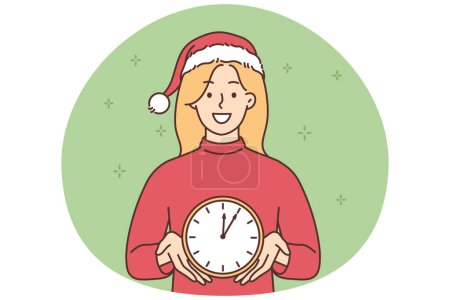 Téléchargez les illustrations : Smiling young woman in Santa hat hold clock counting minutes till New Year. Happy girl celebrate winter holidays in festive costume. Vector illustration. - en licence libre de droit