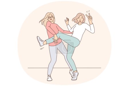 Illustration for Smiling girlfriends have fun dancing together. Happy girls act crazy and funny, enjoy activity. Friendship concept. Vector illustration. - Royalty Free Image