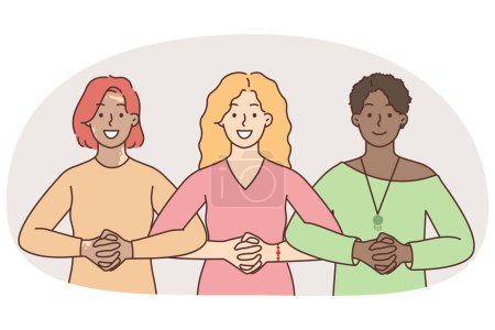 Illustration for Smiling multiracial women hold hands show unity and support. Happy diverse interracial girlfriends feel united. Feminism concept. Vector illustration. - Royalty Free Image