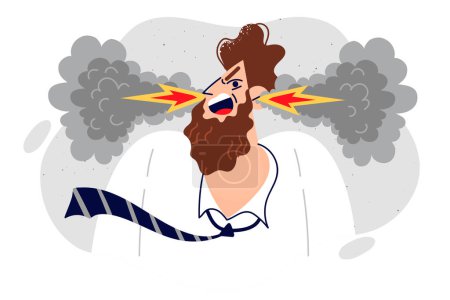 Illustration for Nervous man screams, experiencing irritation and aggression after news about increase in business taxes, blows smoke and flames from ears. Toxic man expresses dissatisfaction with colleagues - Royalty Free Image