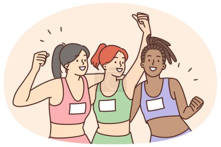 Illustration for Smiling young diverse girls athletes celebrate win in competition. Happy multiracial women in sportswear triumph with victory in race or sport contest. Vector illustration. - Royalty Free Image