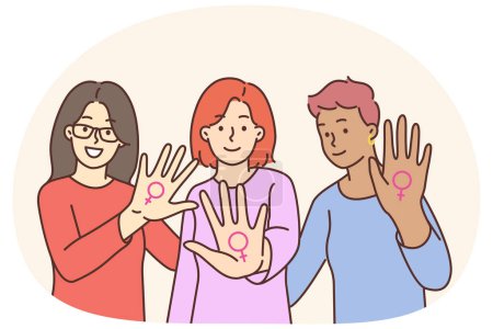 Illustration for Smiling women showing female gender signs on hands stand for gender equality and rights. Happy girls protest against discrimination and violence. Vector illustration. - Royalty Free Image