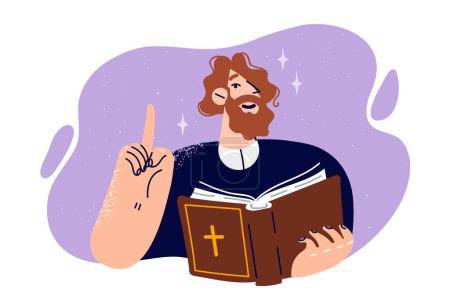 Illustration for Man priest with bible points finger up, giving instructions to parishioners, want to join christian religion. Book with catholic cross in hands of priest from church reading sermon about god - Royalty Free Image