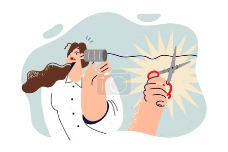 Illustration for Lost connection between woman using telephone from jar and wire, due to hand cutting rope. Girl listens to gossip from interlocutor using homemade phone, becomes deaf due to loss of communication - Royalty Free Image