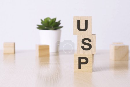usp - financial concept. wooden cubes and flower in a pot on background.