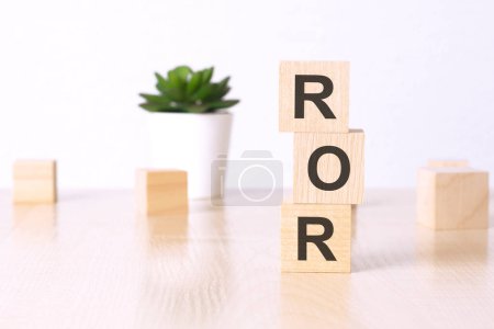 ROR - Finanzkonzept. Holzwürfel und Blume im Topf auf Hintergrund.