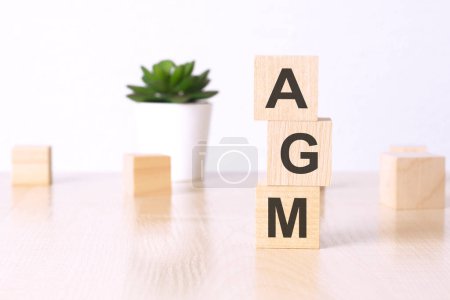 AGM - financial concept. wooden cubes and flower in a pot on background.