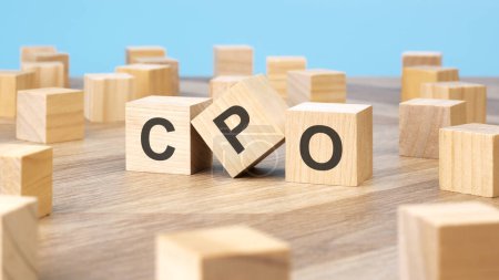 CPO written on wooden blocks, business concept, blue background