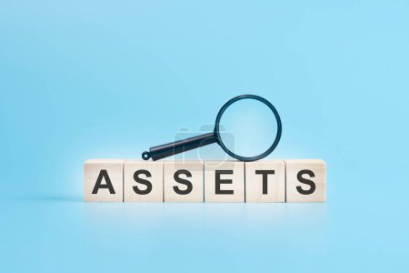 wooden blocks with a magnifying glass text: ASSETS. blue background