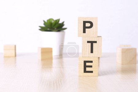 PTE - pearson tests of english - text on wooden cubes on white background.