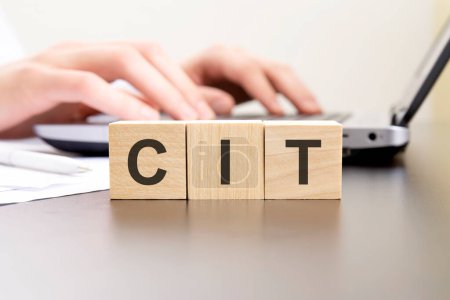 Téléchargez les photos : CIT - acronyme de blocs de bois avec des lettres. mains de fond sur un ordinateur portable avec flou - en image libre de droit