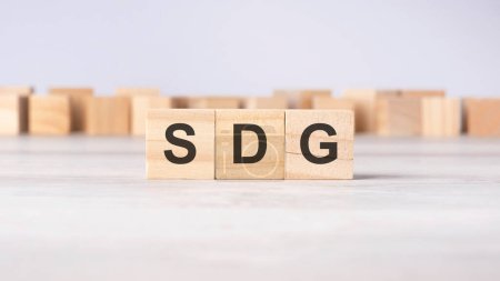 SDG - Akronym-Konzept auf Holzwürfeln oder -blöcken auf hellgrauem Hintergrund