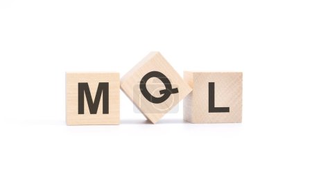 word MQL made with wood building blocks, white background.