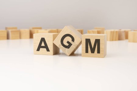 AGM - abreviatura de Junta General Anual, concepto de palabra sobre bloques de madera, texto, cartas