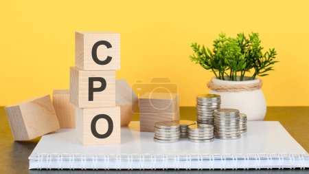CPO - text on a stack of wooden blocks standing on a notepad with coins, a flower in a pot on a yellow background