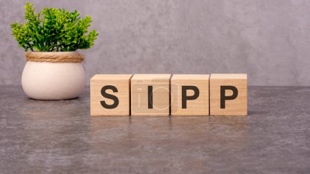 SIPP concept on wooden blocks and flower in a pot on the gray background