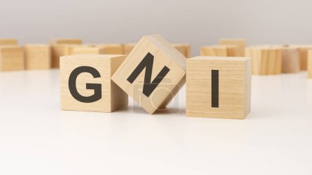 GNI, concepto de palabra en bloques de madera, letras de texto