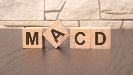 word MACD cube wood on wooden table background. business concept