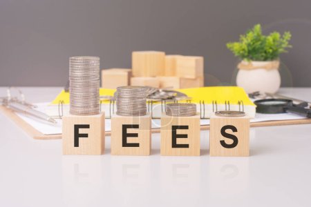 the concept conveyed by the image of wooden blocks spelling FEES with coins above suggests financial transactions, charges, costs, expenses, payments, pricing, tariffs, rates, billing, and remuneration.
