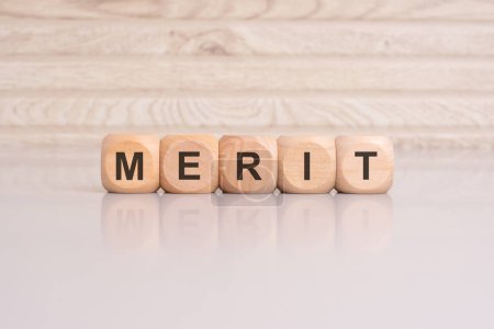 Holzblöcke mit der Aufschrift "MERIT" symbolisieren finanzielle und unternehmerische Zwänge