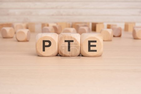 Das Wort PTE ist wunderschön in Holzwürfel geformt, von denen jeder eine andere Schrift hat.