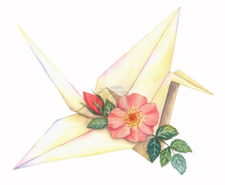 Foto de Grúa de papel con flor de rosa silvestre rosa escarlata con hojas. Ilustración de acuarela dibujada a mano para tarjetas de felicitación, invitación y otros diseños - Imagen libre de derechos