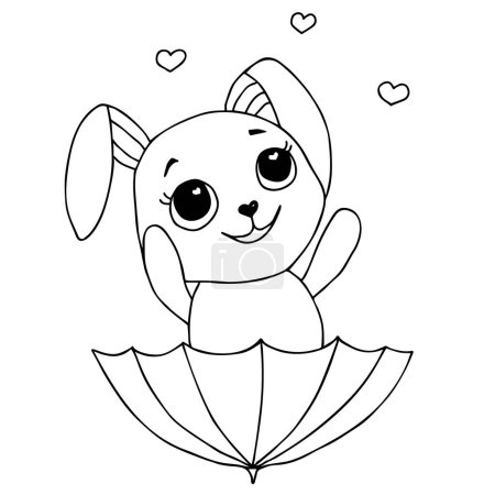 Foto de Flat cute animal bunny flying with umbrella catching hearts, vector illustration for kids. Cute bunny character - Imagen libre de derechos