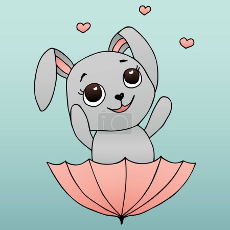 Foto de Flat cute animal bunny flying with umbrella catching hearts, vector illustration for kids. Cute bunny character - Imagen libre de derechos