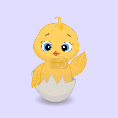 Ilustración de Pollo recién nacido amarillo divertido y lindo en cáscara de huevo rota. Lindo vector ilustración - Imagen libre de derechos