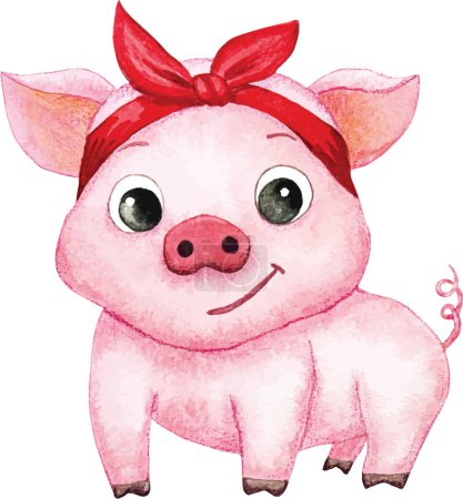 Foto de Lindo cerdo de dibujos animados con cinta roja. ilustración vectorial acuarela - Imagen libre de derechos