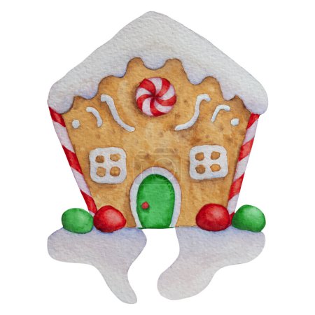 Foto de Acuarela ilustración de casa de jengibre con esmalte, dulces y lolly. Humor navideño. Se puede utilizar en la Navidad y los diseños de año nuevo. Vector - Imagen libre de derechos