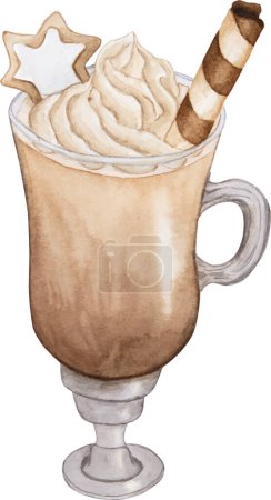 Foto de Vaso de chocolate caliente con nata batida, galletas estrelladas y tubo de chocolate dulce. ilustración vectorial acuarela dibujado a mano - Imagen libre de derechos