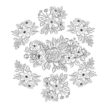 Téléchargez les illustrations : Collection de sept bouquets de fleurs dessinés à la main - en licence libre de droit