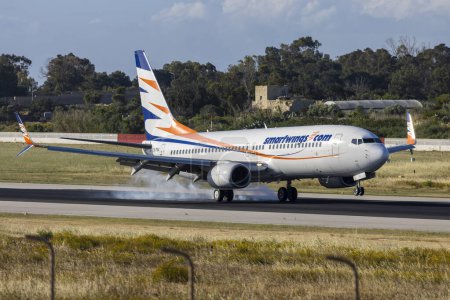 Photo for Luqa, Malta - April 17, 2023: Smart Wings Boeing 737-86N (REG: OK-TVV) operating Air Malt flight KM9911 from Prague. - Royalty Free Image
