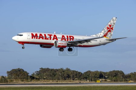 Photo for Luqa, Malta - April 17, 2023: Malta Air Boeing 737-8 MAX 200 (REG: 9H-VUE) arriving in some nice evening lighting. - Royalty Free Image