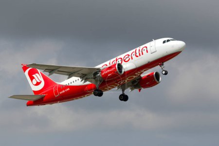 Photo for Luqa, Malta March 20, 2015: Air Berlin (Niki) Airbus A319-112 takes off from runway 13. A319 will be replacing the Embraer E190 in Niki's fleet, which should eventually end up in an all Airbus fleet. - Royalty Free Image