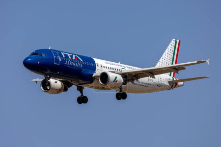 Photo for Luqa, Malta - July 12, 2023: ITA Airways Airbus A320-216 (REG: EI-DTG) in special colour scheme, Io Sono Friuli Venezia Giulia. - Royalty Free Image